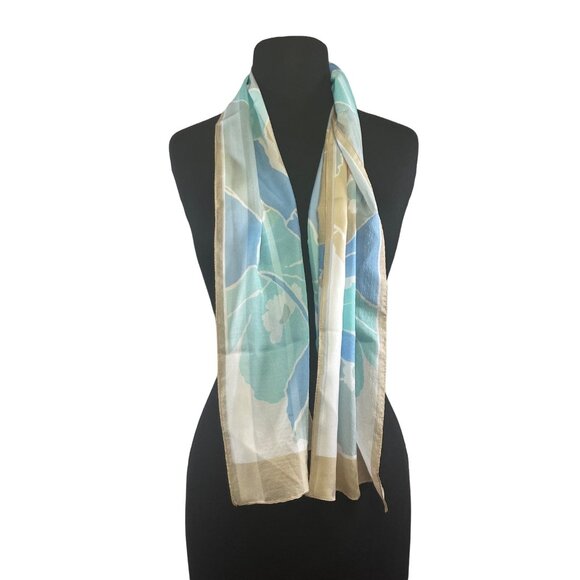 Beautiful Textured Polyester Scarf w/ Blue & Tan Floral Print 11 x 52 - Picture 2 of 3